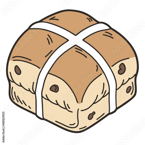 Hand drawn hot cross bun with raisins food