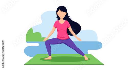 Woman practicing yoga in Warrior II pose on a mat outdoors, promoting balance, wellness, and a healthy, mindful lifestyle.