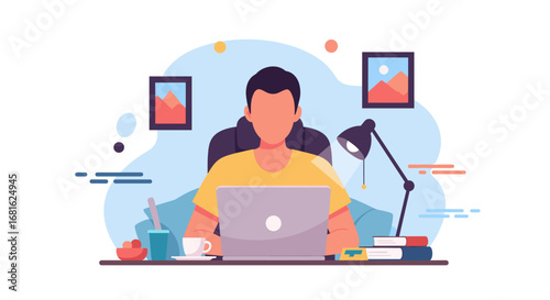 Person working on a laptop at a home office desk, representing remote work, online learning, and digital productivity concepts. Ideal for business and lifestyle use.