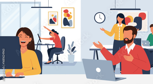 Diverse team collaborating and working happily in a modern, vibrant office environment, fostering productivity and positive workplace culture.