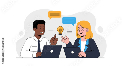 Two diverse business professionals collaborate, sharing ideas and discussing solutions with laptops. Perfect for teamwork, innovation, and partnership concepts.