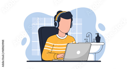 Person in headphones working on laptop from an unconventional bathroom workspace, illustrating remote work flexibility and concentration.