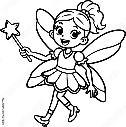 Whimsical Fairy Tale Delight A Cheerful Cartoon Fairy with a Star Wand and Dainty Wings Line Art