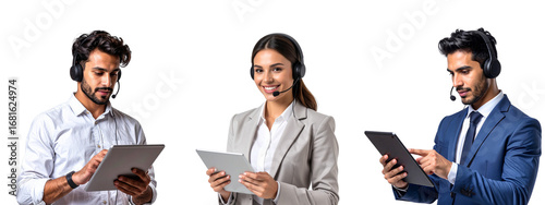 Transparent PNG Male Customer Support Agent Tapping on Tablet Screen Customer Service Representative Smiling While Using Tablet,