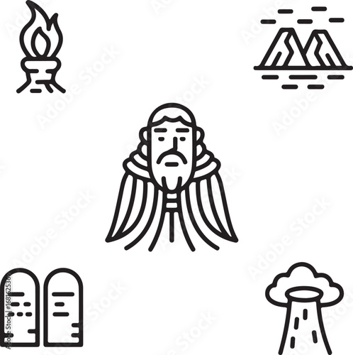 Outline Icon Set of Biblical Journey Moses, Stone Tablets, Burning Bush, Parted Sea, and Pillar of Cloud