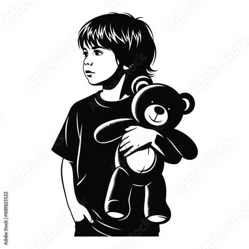 Young boy with tousled hair hugs a beloved teddy bear in a poignant monochrome portrait silhouette