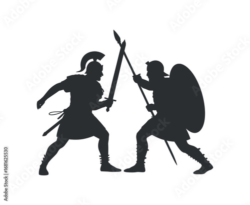 Ancient Warriors Duel Silhouette: Gladiator, Spartan, Roman, Sword, Shield, and Spear Combat