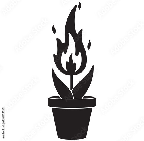 Black silhouette of a stylized flower plant with flaming petals in a decorative pot