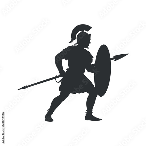 Ancient Greek Hoplite Silhouette Charging with Spear and Shield Isolated on White Backdrop for Historical Depictions