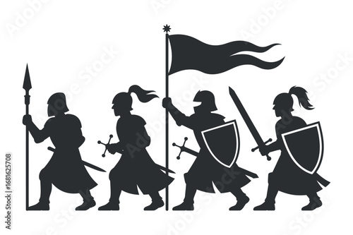 Medieval Knights Silhouettes Collection Warriors Armor Swords Shields Flags Battle Historical Era Courage