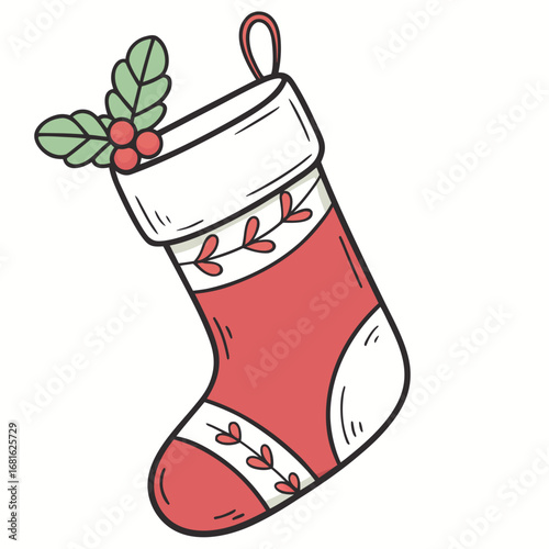 Red Christmas stocking with holly leaves berries vector