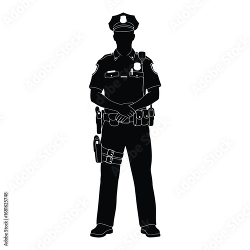 Silhouette of a police officer standing alert ready for duty with equipment and uniform detailed silhouette