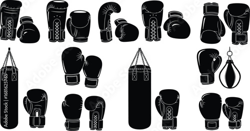 Boxing gloves and punching bags vector set, sports equipment silhouette, black and white boxing icons for fitness, training, combat design.