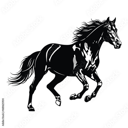 Majestic black horse galloping with flowing mane and tail against a white backdrop silhouette