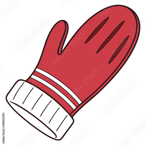 Red knitted mitten with stripes cuff dark outline winter clothing