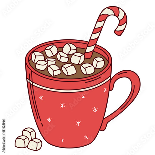 Red mug with hot chocolate marshmallows candy cane drink beverage
