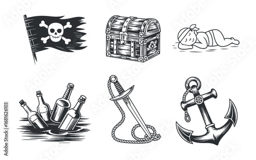 Pirate Icons: Jolly Roger, Treasure Chest, Sleeping Baby, Bottles, Sword, and Anchor in Detailed Line Art