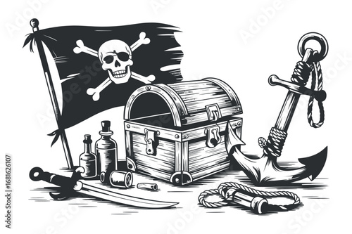 Pirate's Booty: A Treasure Trove of Adventure with Jolly Roger, Chest, Anchor, Sword, and Mysterious Elixirs