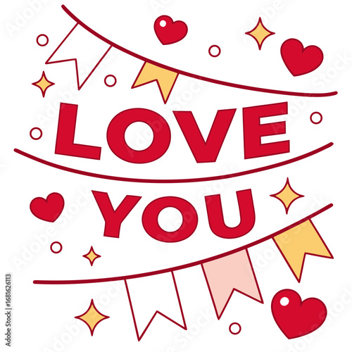Red yellow hearts bunting spell out Love You vector