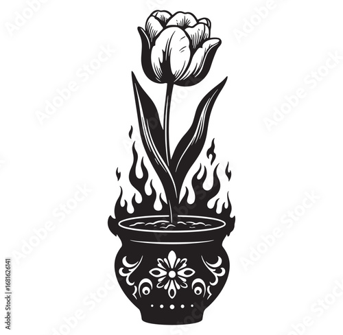 Bold black and white illustration of a tulip planted in a decorative pot with flames