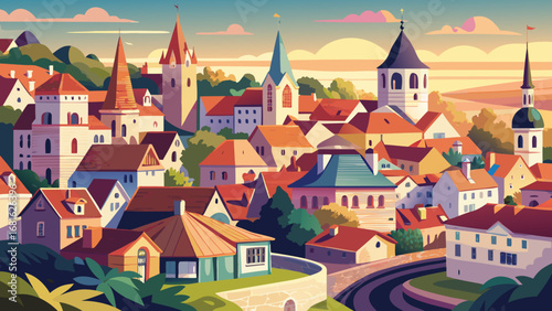 Tallinn Old Town, Estonia, displays colorful houses, medieval walls, and cobblestone streets. Morning light softens rooftops; semi-realistic flat vector emphasizing pastel tones, layered perspectives,
