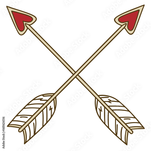 Two crossed cupid arrows with red heart tips feather fletching love