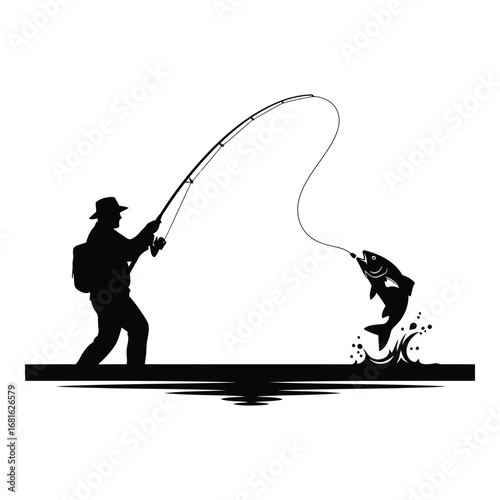 Silhouette of a fisherman casting a line landing a jumping fish in a river silhouette