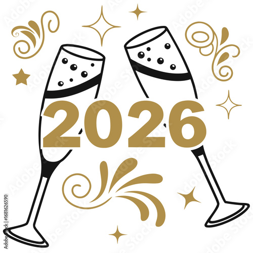 Two gold champagne glasses clinking with 2026 year decorative swirls vector