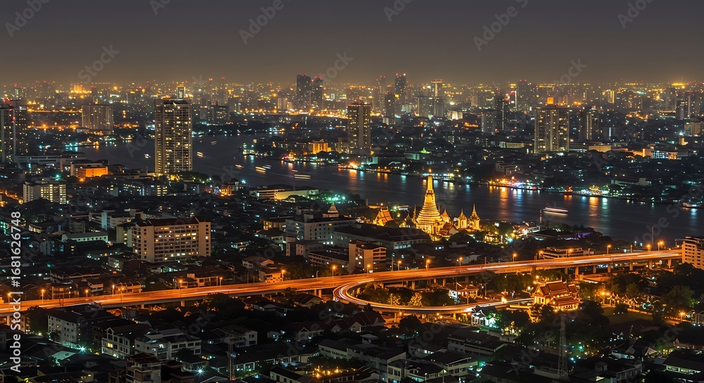 Obraz premium Bangkok Cityscape at Night with Illuminated Buildings and Roads.