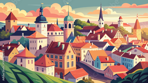 Tallinn Old Town, Estonia, displays colorful houses, medieval walls, and cobblestone streets. Morning light softens rooftops; semi-realistic flat vector emphasizing pastel tones, layered perspectives,
