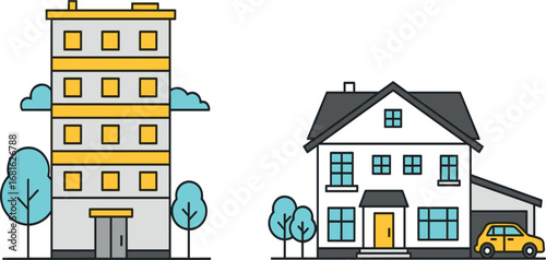 Real estate concept illustration showing different housing options, from a city apartment block to a suburban family house