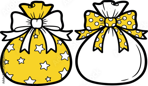 Vector illustration of two charming gift pouches with festive patterns. One yellow bag features white stars, and the other has a polka dot bow for a celebration