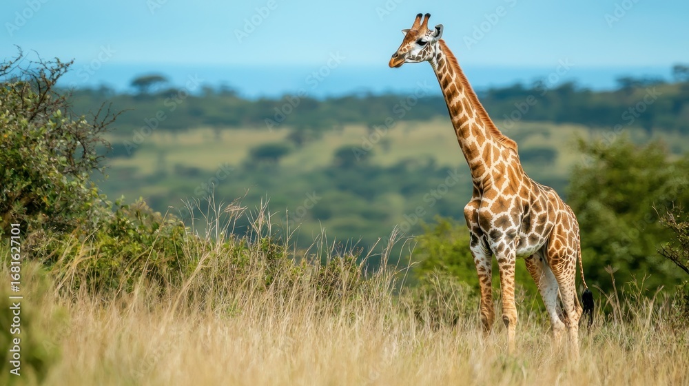 Obraz premium A giraffe standing in a grassy field with trees in the background, under a clear blue sky.
