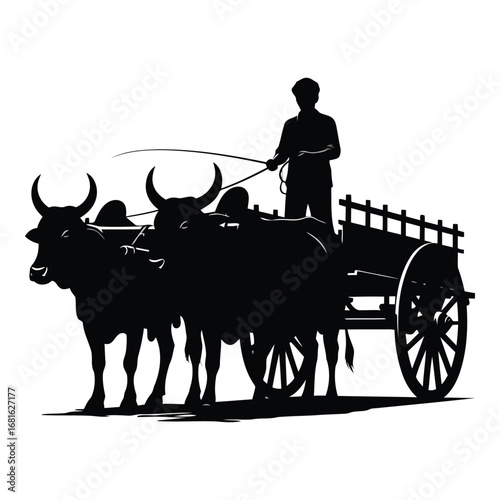Silhouette of farmer driving bullocks pulling traditional wooden cart in rural landscape agricultural scene silhouette