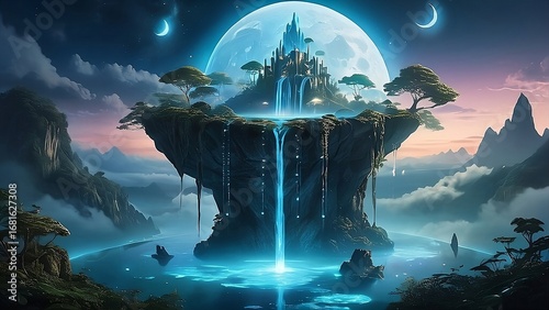 A fantasy island featuring a majestic waterfall cascading beside a grand castle surrounded by lush greenery.