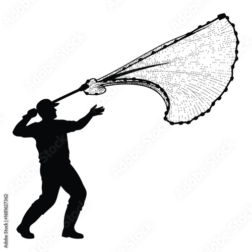 Fisherman silhouette casting a wide fishing net with detailed mesh against a white backdrop silhouette