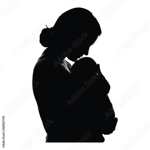 Mother gently holds newborn baby in tender silhouette capturing cherished family moment silhouette