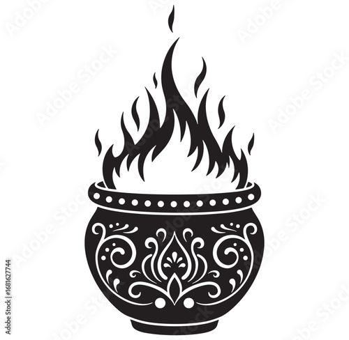 Decorative ornamental cauldron illustration with flames in black and white isolated on white background
