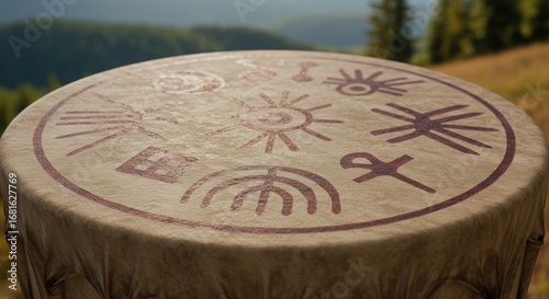 Shamanic Drum with Ancient Symbols in Nature