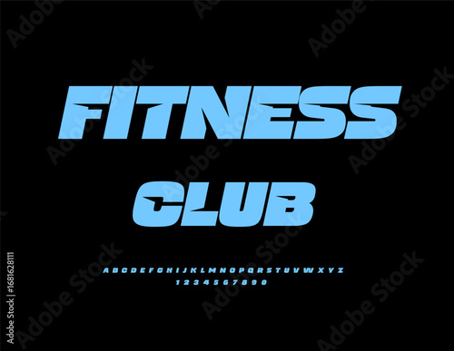 Vector Bright icon Fitness Club. Trendy Blue Font. Dynamic Alphabet Letters and Numbers.