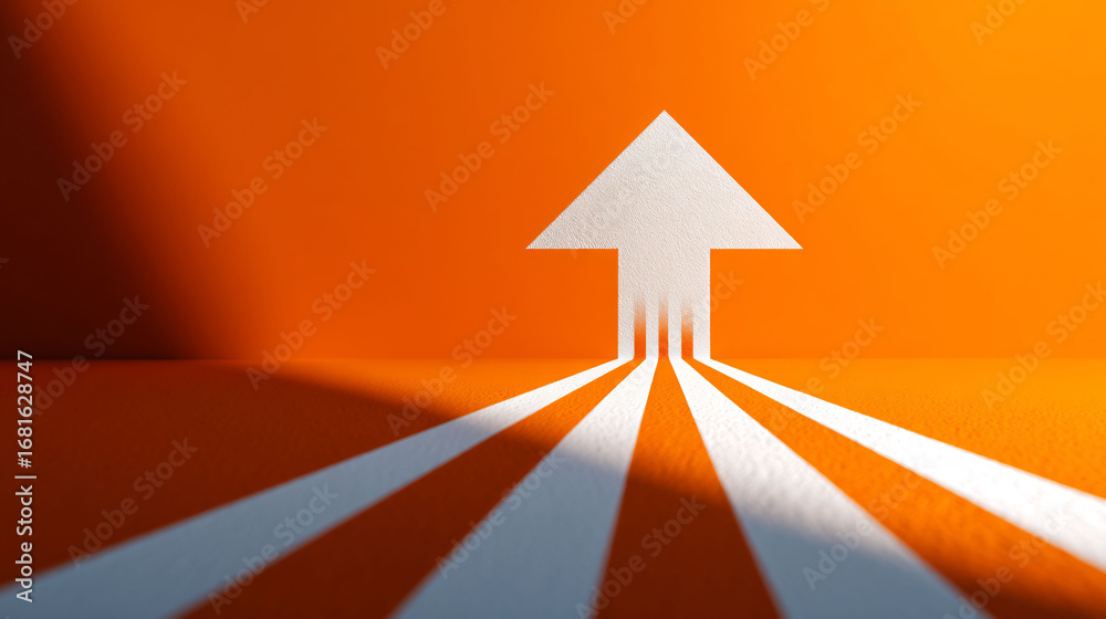 Fototapeta premium Orange background with white arrow pointing up for growth and success concept
