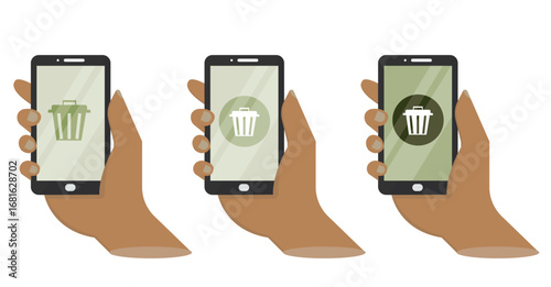 Set of mobile App with trash icon isolated on transparent background. Green technology. Zero waste concept. Waste management concept. Environmental protection. Vector illustration