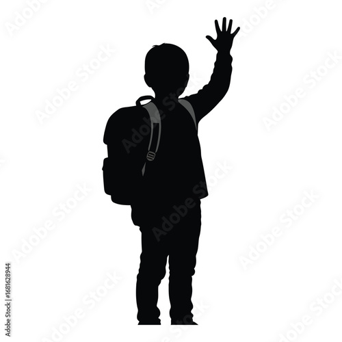 Silhouette of a child with backpack waving hello or goodbye back to school concept silhouette