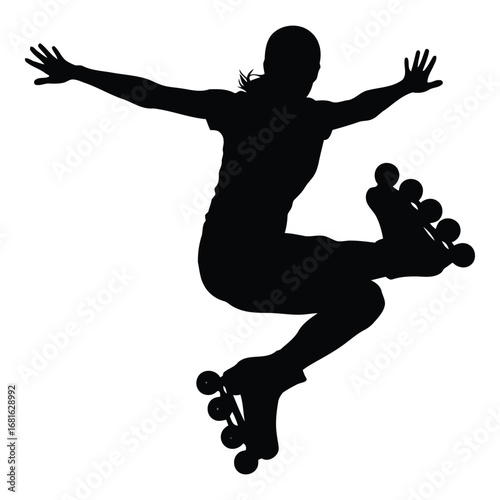 Dynamic silhouette of a woman performing a jump on roller skates with arms outstretched for balance silhouette