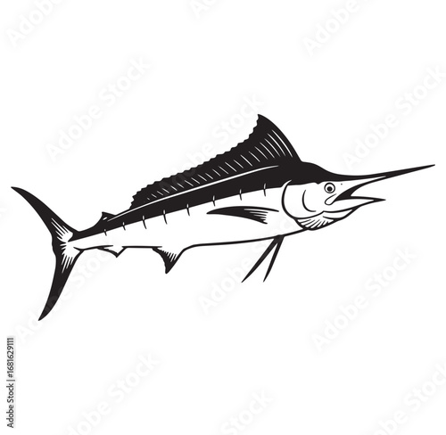 Detailed black and white illustration of a majestic marlin fish swimming in the ocean.