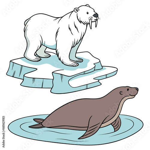 Polar Bear, Seal, and Walrus on Ice Floes Illustration