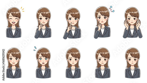 Young Office Girl with Multiple Social Expressions
