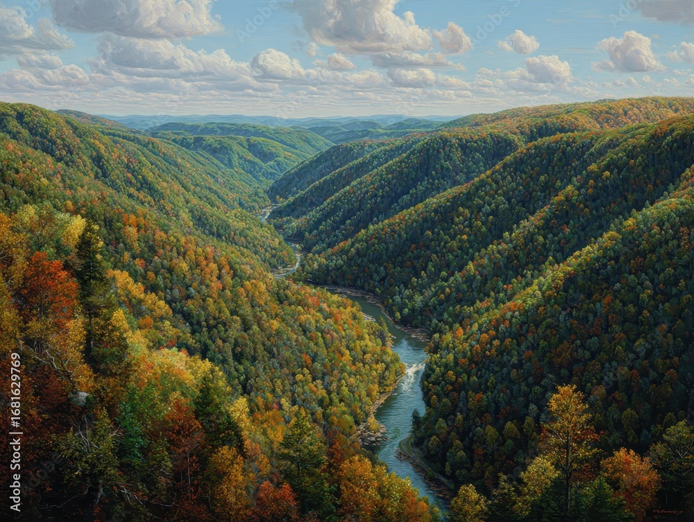 Fototapeta premium Painting of Appalachian Valley with River Winding Through Colorful Forest