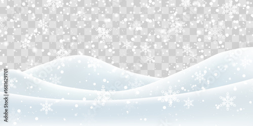 Vector heavy snowfall with snowbanks field. Snow landscape decoration, frozen hills isolated on png background. Snow flakes, snow and blizzard falling on snowdrifts. Christmas vector illustration