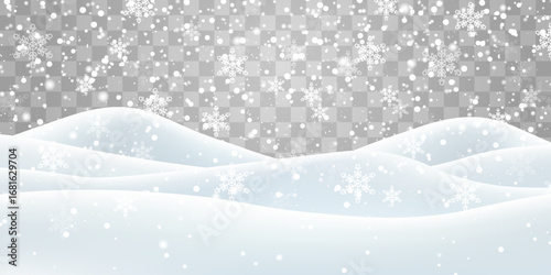 Vector heavy snowfall with snowbanks field. Snow landscape decoration, frozen hills isolated on png background. Snow flakes, snow and blizzard falling on snowdrifts. Christmas vector illustration